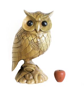 Large Hand Carved Wood Owl on Branch
