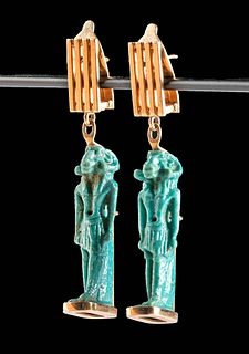 Egyptian Faience Khnum Pendants /   Gold Earrings