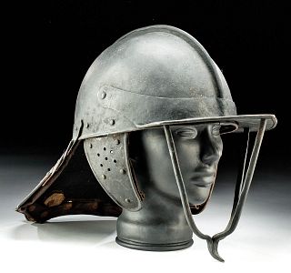 19th C. Central European Steel Pot Helmet w/ Face Guard