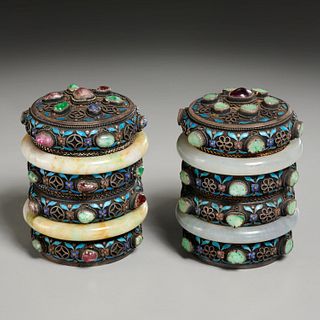 Pair Chinese jade mounted silver cloisonne boxes