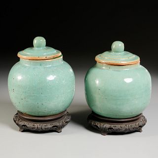 Pair Chinese celadon pottery lidded ginger jars