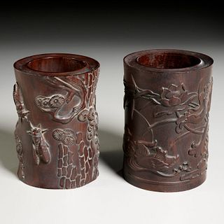 Near pair Chinese carved hardwood brush pots