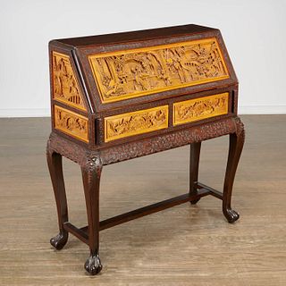 Chinese Export carved mixed wood secretaire