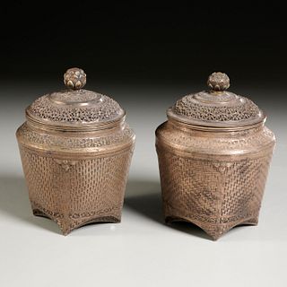 Pair Asian silver basket-form jars and covers