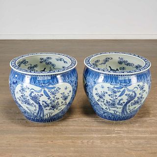 Pair Chinese blue and white porcelain fish bowls