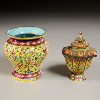(2) Antique Royal Thai enameled copper jars