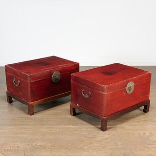 Pair Chinese brass mounted red lacquered trunks