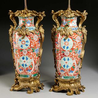 Impressive pair Asian bronze mounted vase lamps