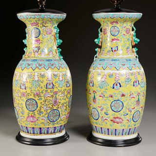 Pair Chinese yellow ground vase lamps
