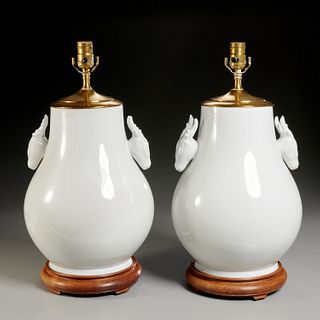 Pair Chinese blanc de chine deer lug vase lamps