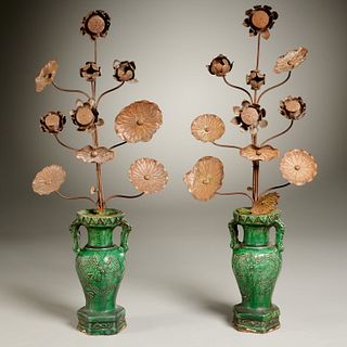 Pair Chinese green glaze double handle vases