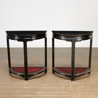 Pair Chinese modern lacquered demilune consoles