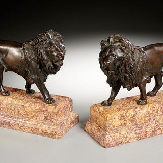 Continental School, pair bronze lions