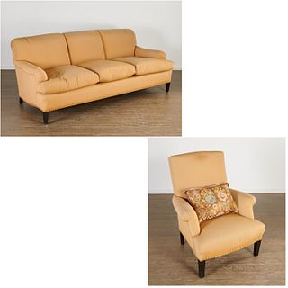 Custom silk upholstered sofa and easy chair