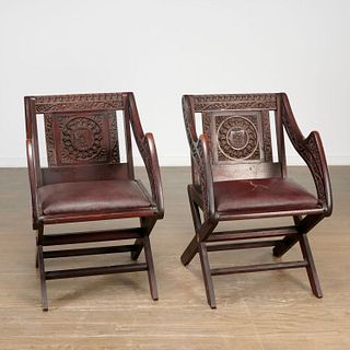 Pair Victorian carved oak Glastonbury chairs
