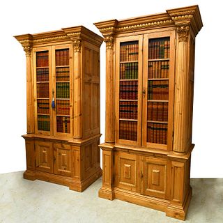 Pair large English pine faux-book cabinets