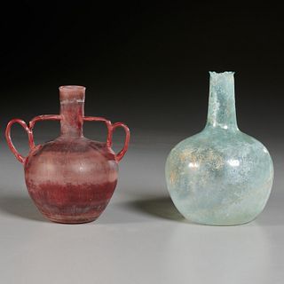 (2) ancient Roman glass bottles