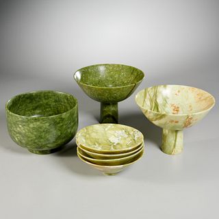 Group Chinese Modernist green hardstone bowls