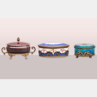 A Group of Three French Porcelain Lidded Boxes with Ormolu Mounts, 20th Century.