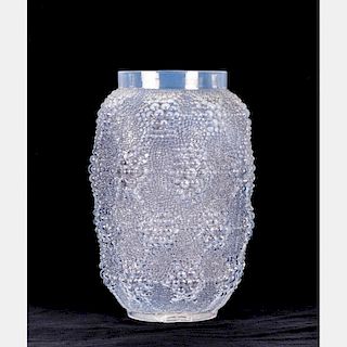 An R. Lalique Opalescent Glass Davos Vase, 20th Century.