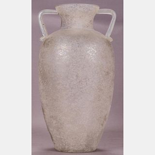 A Murano Rossi Blown Glass Amphora Form Double Handled Vessel, 20th Century.