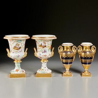(2) pairs Old Paris gilt porcelain urns