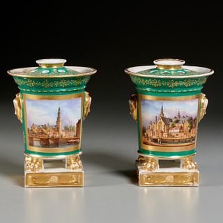Pair Old Paris topographical potpouri vases
