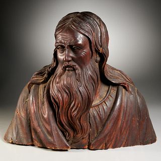 Life-size Continental wood bust of a male saint