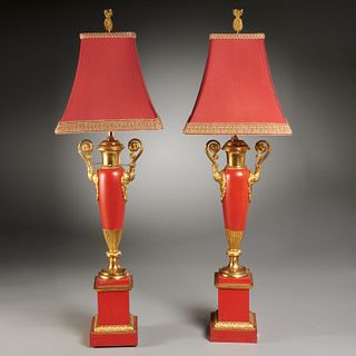 Nice pair Empire tole and gilt metal table lamps