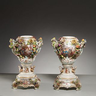 Pair Carl Thieme Dresden porcelain urns