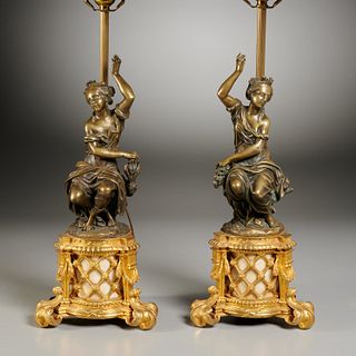 Pair Neoclassical gilt and patinated bronze lamps
