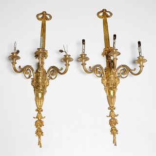 Henri Vian, pair Louis XVI style bronze sconces