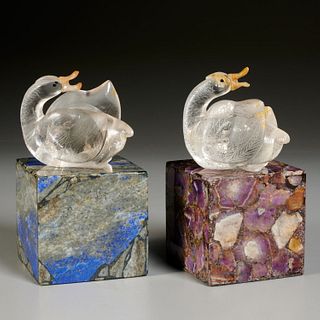 (2) rock crystal swans on lapis and bluejohn bases
