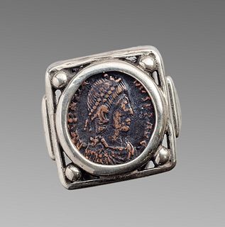 Ancient Roman Bronze Coin Constantine II Set in Silver Ring. 