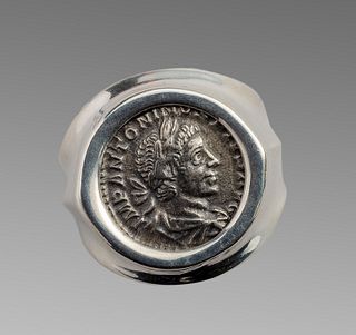 Ancient Roman Silver Coin Caracalla Set in Silver Ring. 