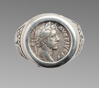 Ancient Roman Silver Coin Antoninus Pius Set in Silver Ring. 