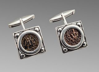 Ancient Widows Mites Bronze Coins Set in Silver Cufflinks. 
