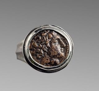Ancient Greek Bronze Coin Set in Silver Ring. 