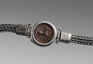 Ancient Greek Kyme Bronze coin set in Silver Bracelet 1250-190 BCE. 