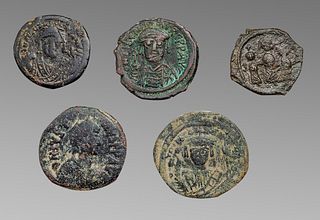 Lot of 5 Ancient byzantine bronze folises coins c.7h century AD.