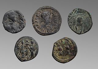 Lot of 5 Ancient byzantine bronze anonymous folises coins c.10th century AD.