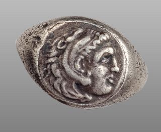 A Greek Silver Ring with ALexander Drachm c.3rd century BC. 