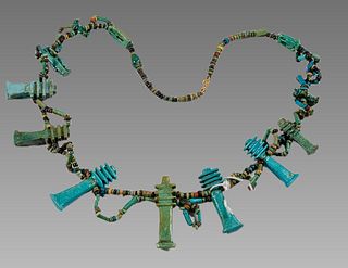 Ancient EGYPTIAN Faience Bead Necklace with 7 Djed Pillar Amulets c.635-30 BCE. 