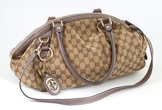 Gucci Beige Monogrammed Canvas and Lilac Smooth Calf Leather Sukey Boston Shoulder Bag