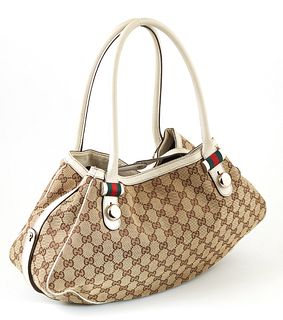 Gucci Beige Monogrammed Canvas and Ivory Match Ball Medium Tote Shoulder Bag, the exterior with silver hardware and red and green ac...