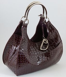 Dior Dark Purple Crocodile Pattern Patent Leather Grand Sac Hobo Bag, with silver handles and hardware, the exterior with two open p...
