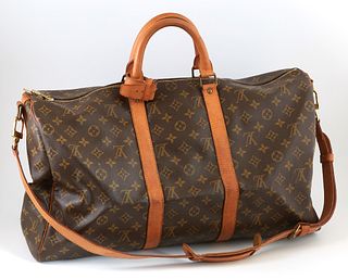 Louis Vuitton Brown Monogram Coated Canvas 50 Keepall Bandouliere Travel Bag, the vachetta leather handles with golden brass hardwar...