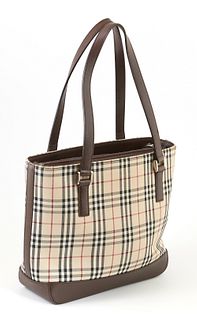 Burberry Dark Brown Leather and Brown Nova Check Canvas Zip Tote Shoulder Bag, the straps with silver hardware, the main zip compart...