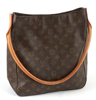 Louis Vuitton Brown Monogram Coated Canvas GM Looping Shoulder Bag, the zipper opening to a beige suede interior with one zip pocket...