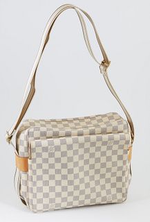 Louis Vuitton Ivory Coated Canvas Damier Azur Naviglio Shoulder Bag, the double flaps with golden snaps, opening to two side pockets...